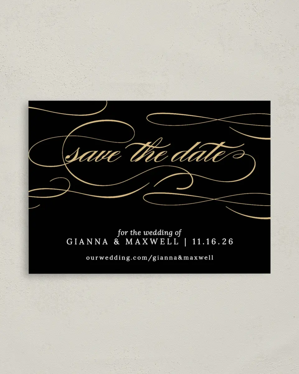 This is a 4" x 5.6" Save the Date Postcard called Fabulous Flourish printed in full color on Soft Touch Finish paper