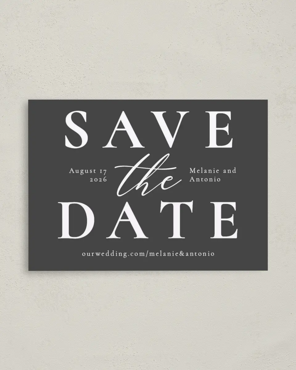 This is a 4" x 5.6" Save the Date Postcard called Simply Put printed in full color on Soft Touch Finish paper