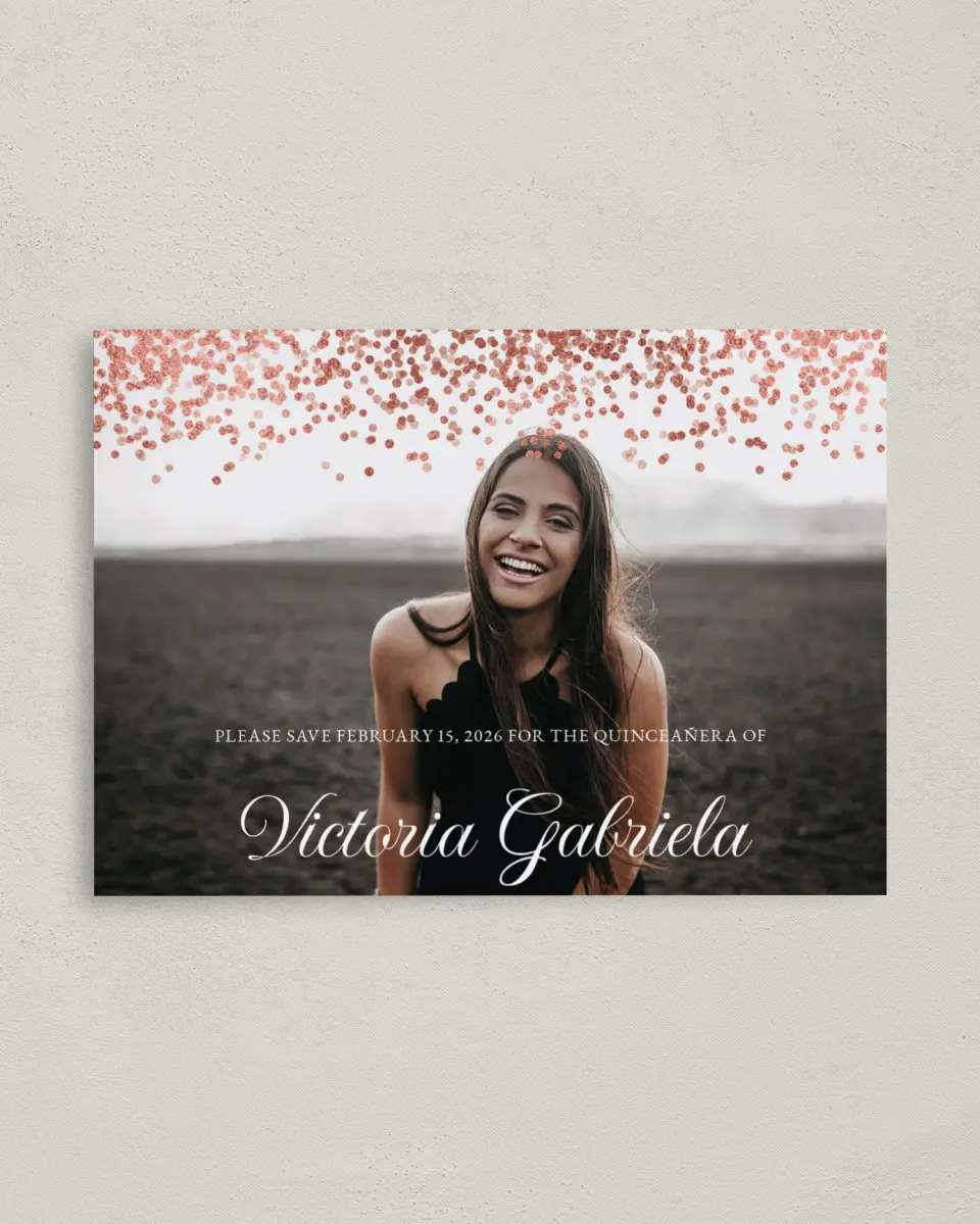 This is a 4" x 5.6" Quinceanera Save the Date called Bronze Beauty printed in full color with Gold foil on Soft Touch Finish paper