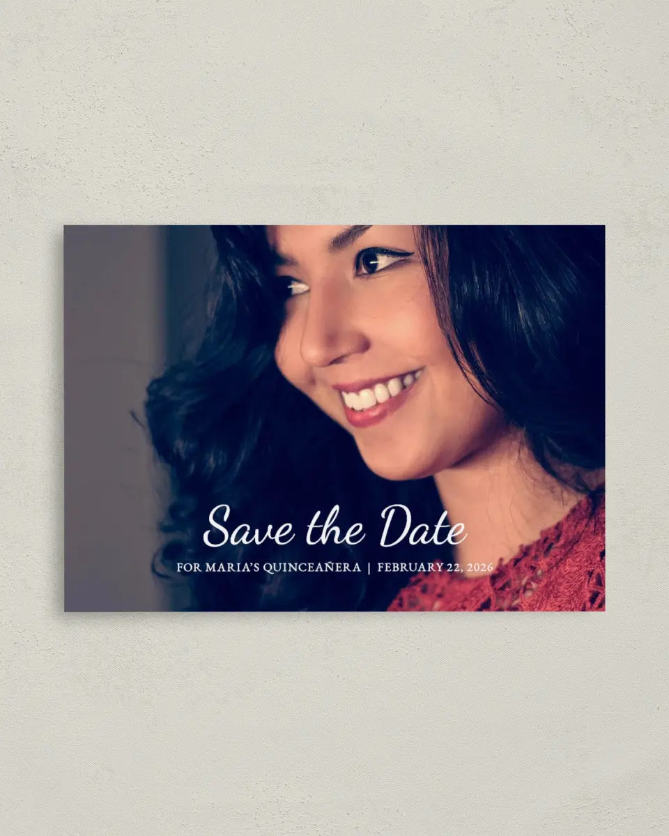 This is a 4" x 5.6" Quinceanera Save the Date called Milestone Moments printed in full color with Gold foil on Soft Touch Finish paper