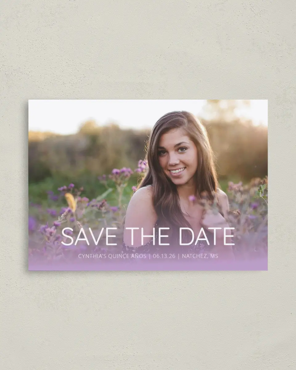 This is a 4" x 5.6" Quinceanera Save the Date called Chevron Glitz printed in full color with Gold foil on Soft Touch Finish paper