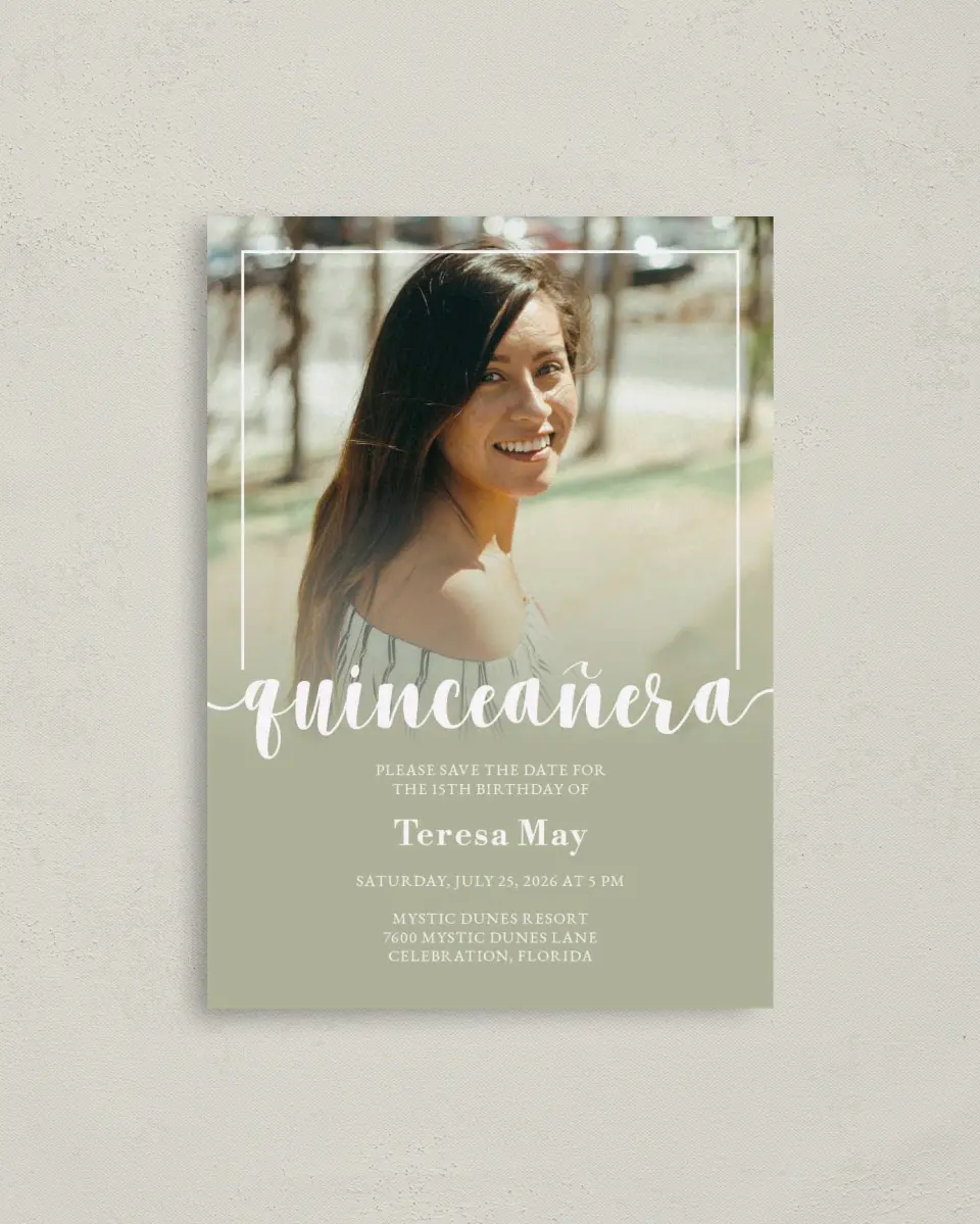 This is a 4" x 5.6" Quinceanera Save the Date called Sweetly Framed printed in full color with Gold foil on Soft Touch Finish paper