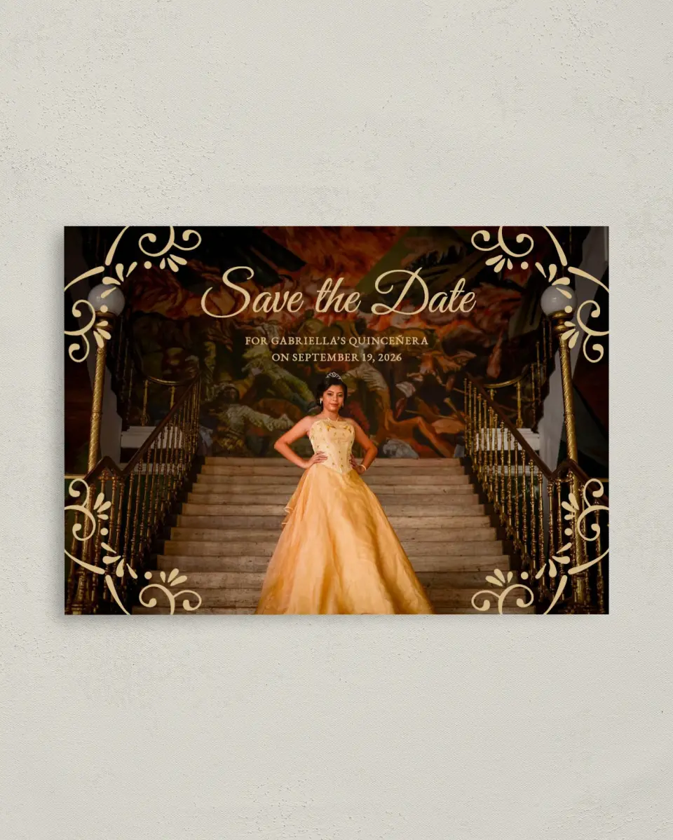 This is a 4" x 5.6" Quinceanera Save the Date called Sparkling Dream printed in full color with Gold foil on Soft Touch Finish paper