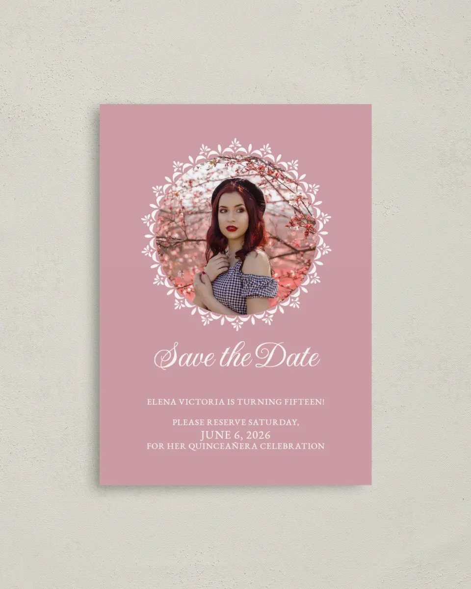 This is a 4" x 5.6" Quinceanera Save the Date called Center of Attention printed in full color with Gold foil on Soft Touch Finish paper