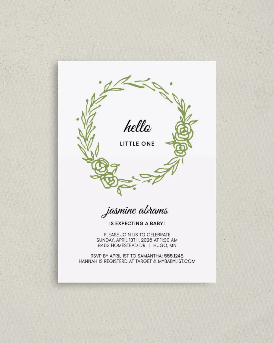 This is a 4" x 5.6" Baby Shower Invitation Postcard called Nested Sprig printed in full color on Soft Touch Finish paper