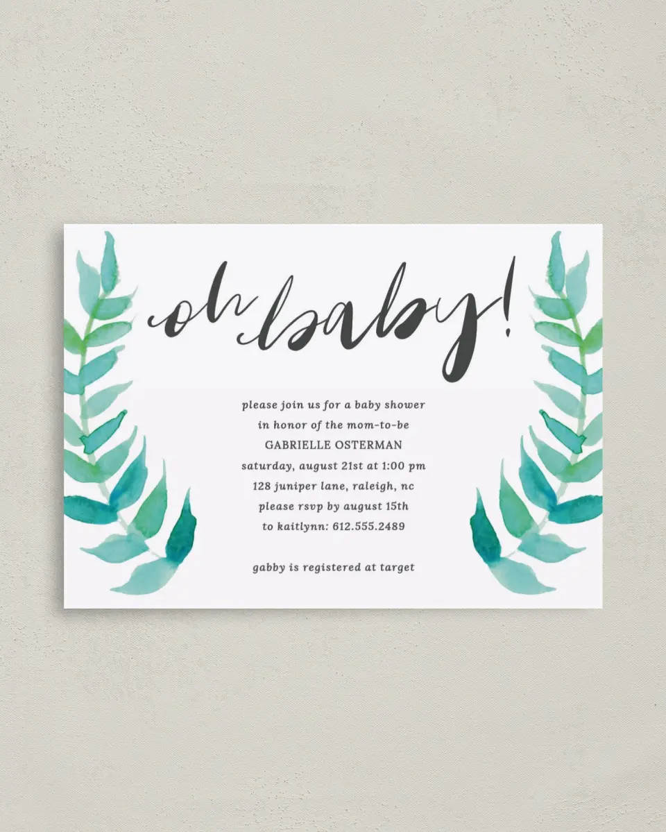 This is a 4" x 5.6" Baby Shower Invitation Postcard called Baby Laurels printed in full color on Soft Touch Finish paper
