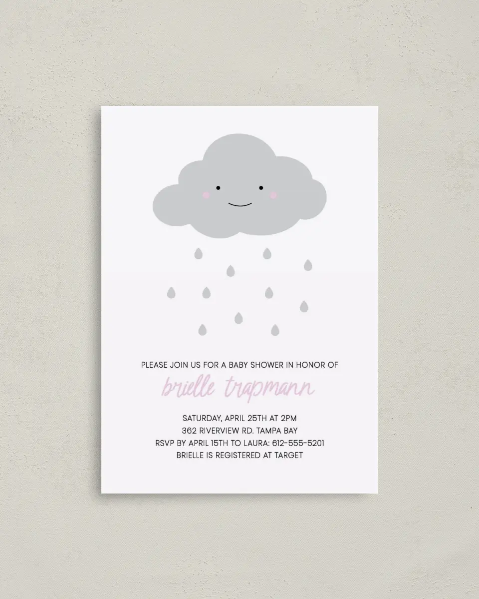 This is a 4" x 5.6" Baby Shower Invitation Postcard called Chance of Cute printed in full color on Soft Touch Finish paper