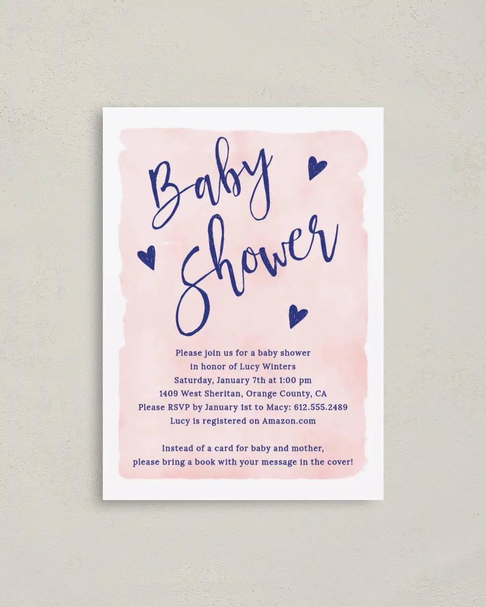 This is a 4" x 5.6" Baby Shower Invitation Postcard called Doodle Hearts printed in full color on Soft Touch Finish paper