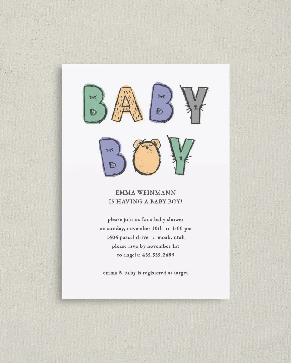 This is a 4" x 5.6" Baby Shower Invitation Postcard called Buddy Baby Boy printed in full color on Soft Touch Finish paper