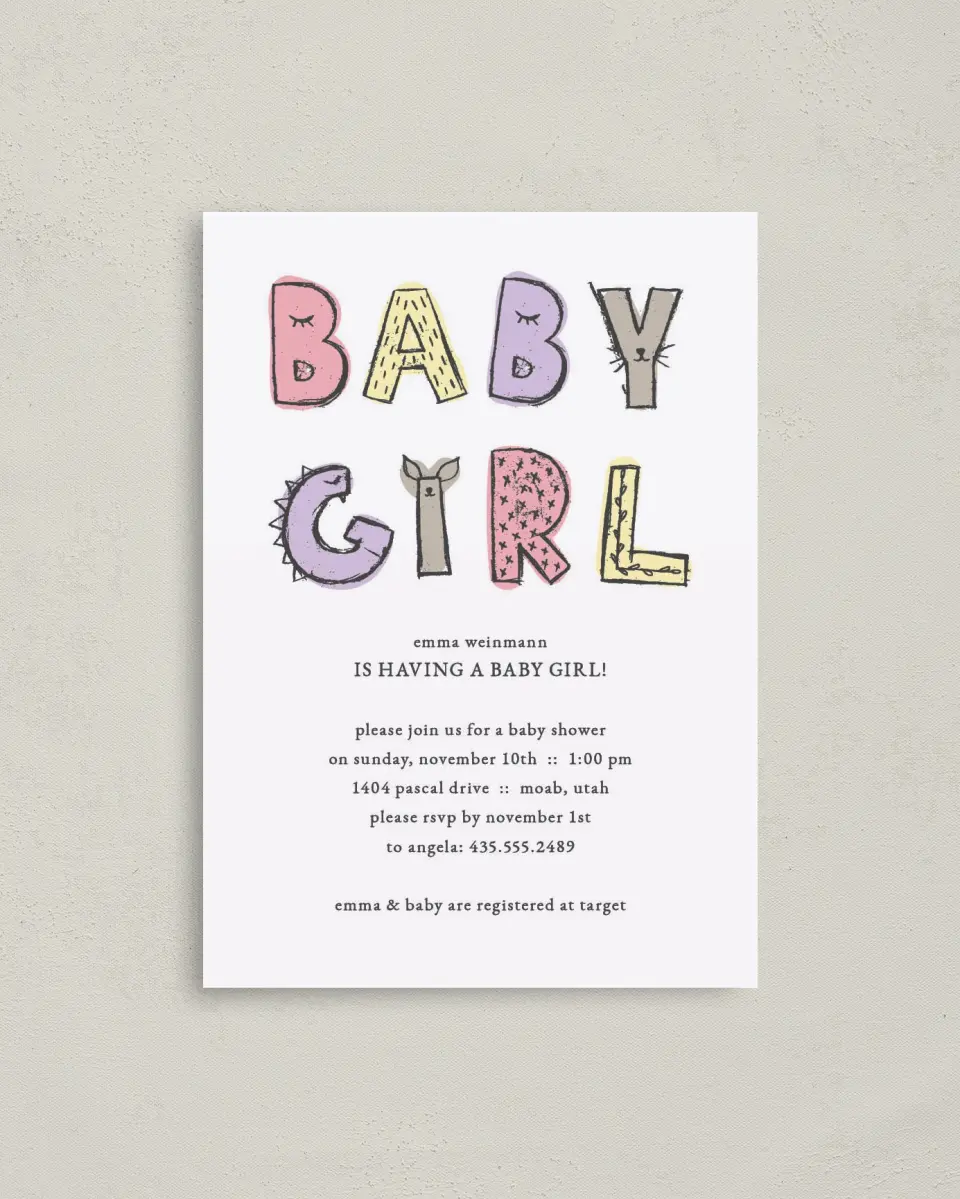 This is a 4" x 5.6" Baby Shower Invitation Postcard called Baby Girl Soiree printed in full color on Soft Touch Finish paper