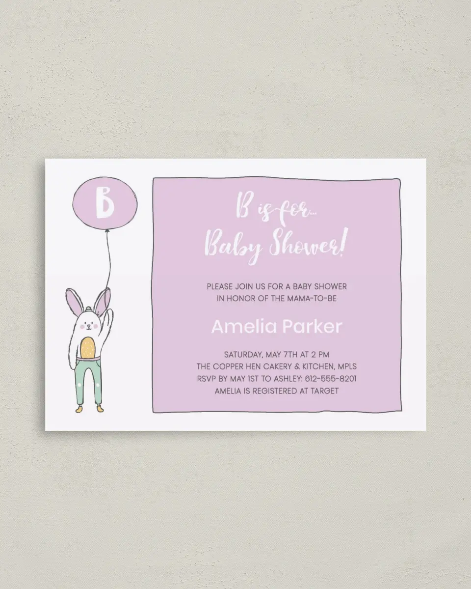 This is a 4" x 5.6" Baby Shower Invitation Postcard called Bunny Balloon printed in full color on Soft Touch Finish paper