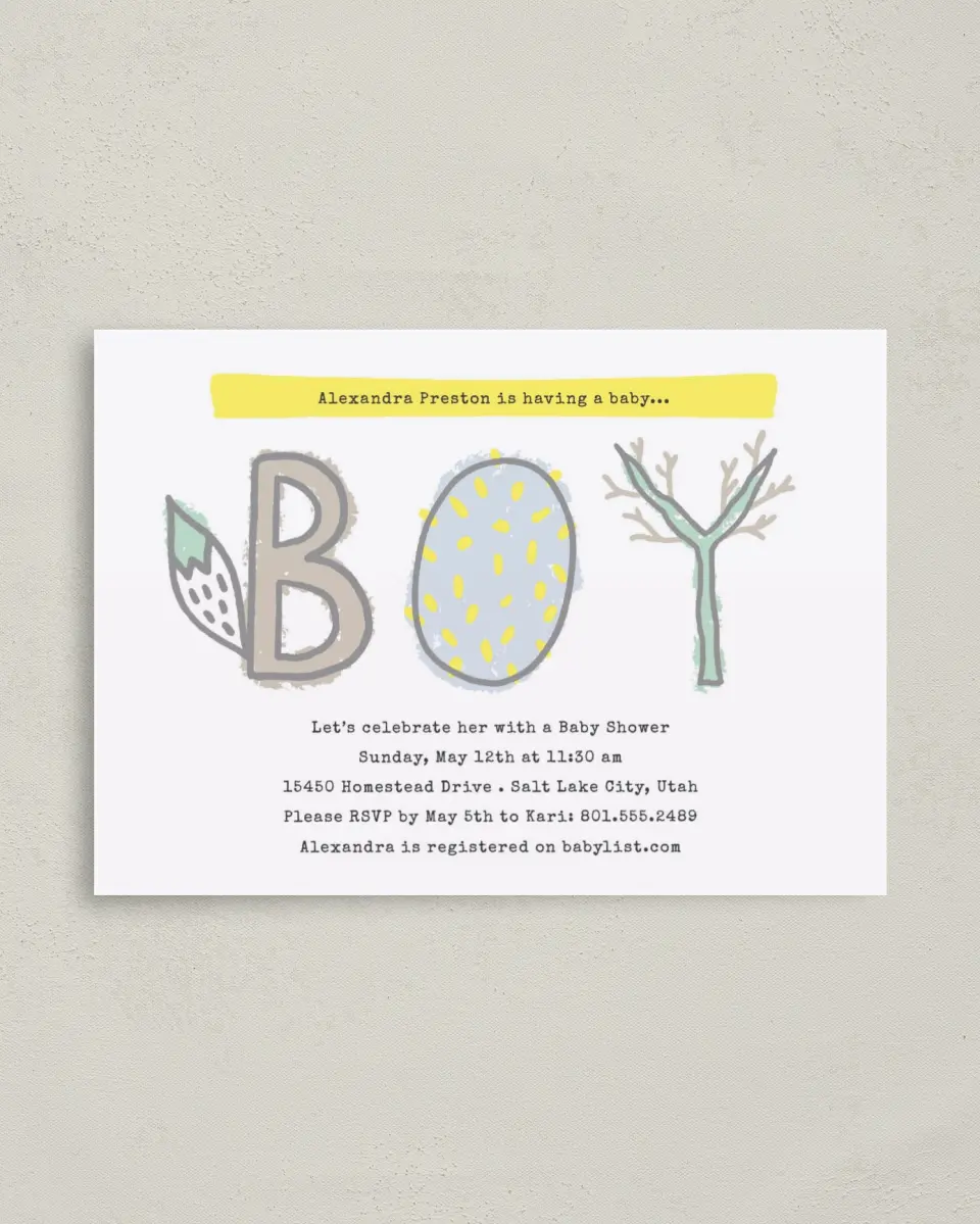 This is a 4" x 5.6" Baby Shower Invitation Postcard called Whimsical Woods printed in full color on Soft Touch Finish paper