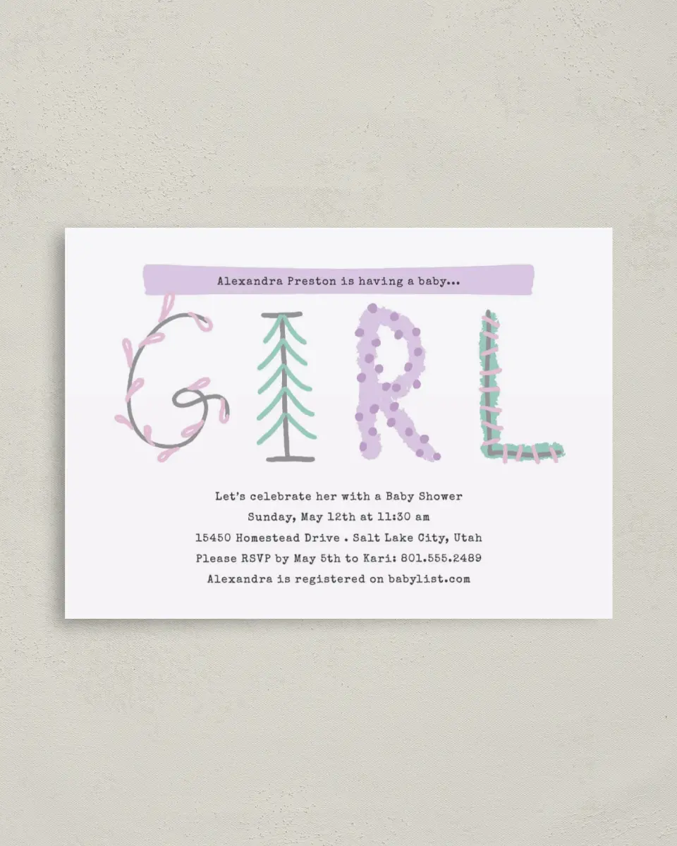 This is a 4" x 5.6" Baby Shower Invitation Postcard called Woodland Whimsy printed in full color on Soft Touch Finish paper