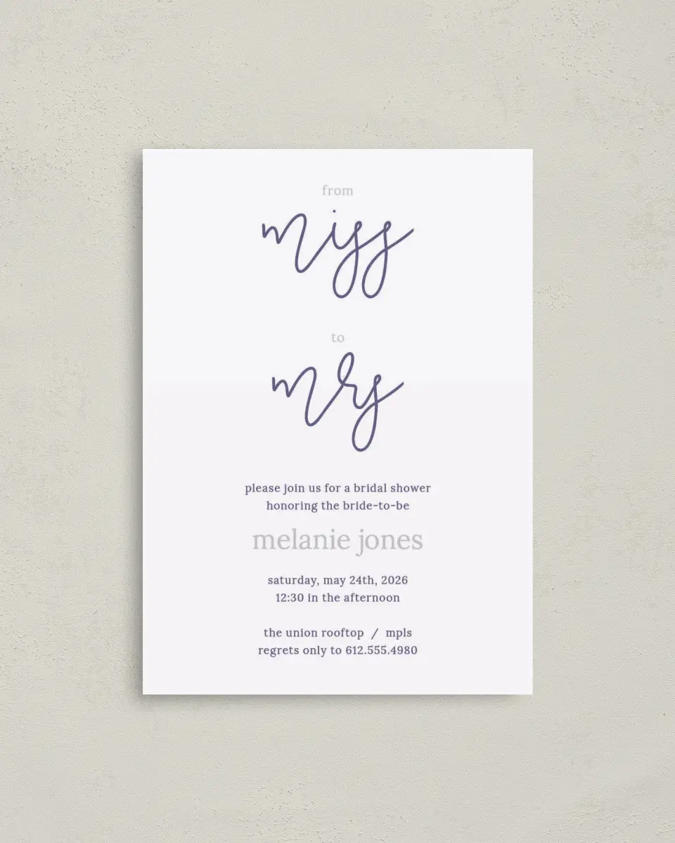 This is a 4" x 5.6" Bridal Shower Invitation Postcard called Honor the Miss printed in full color on Soft Touch Finish paper
