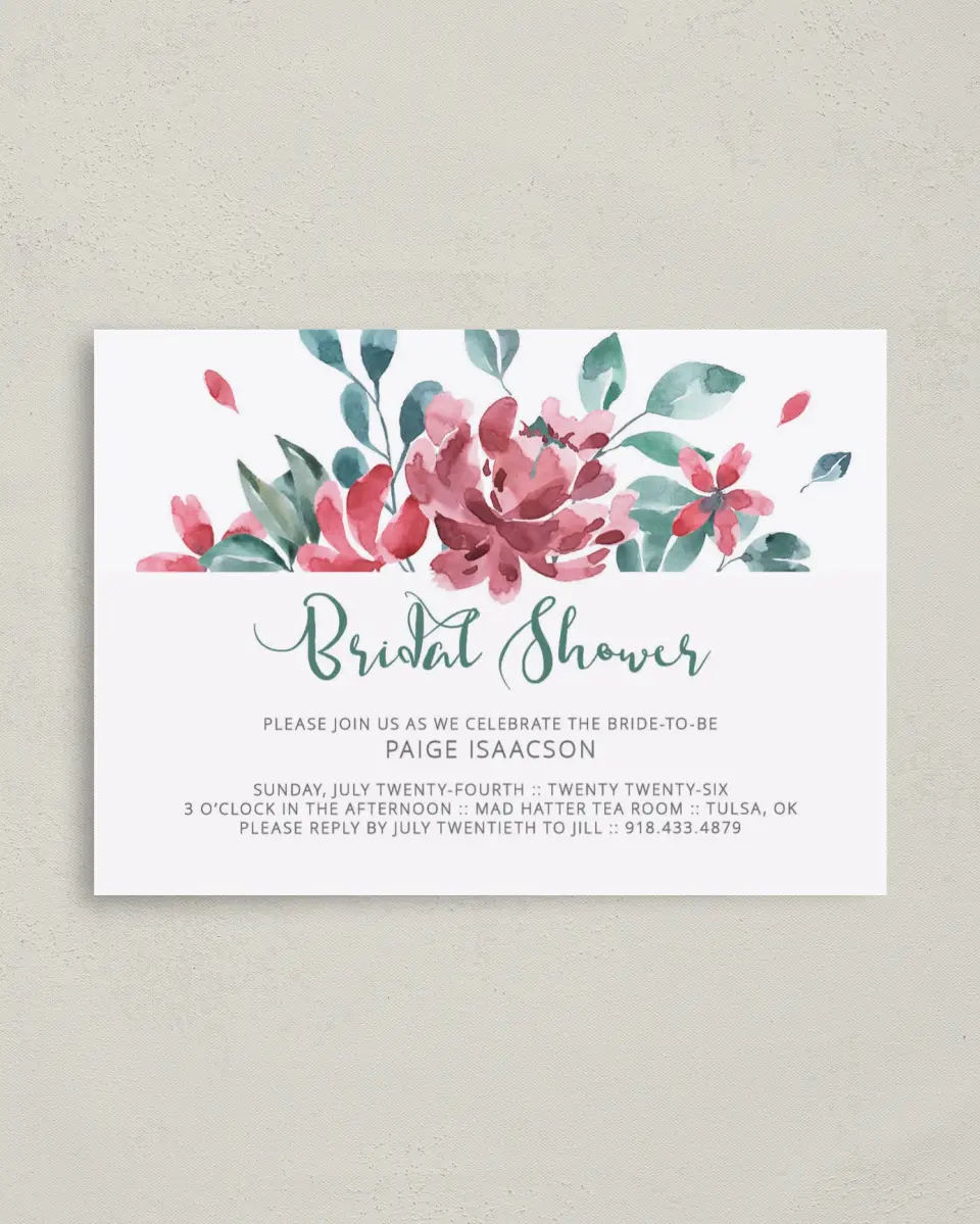 This is a 4" x 5.6" Bridal Shower Invitation Postcard called Exquisite Soiree printed in full color on Soft Touch Finish paper