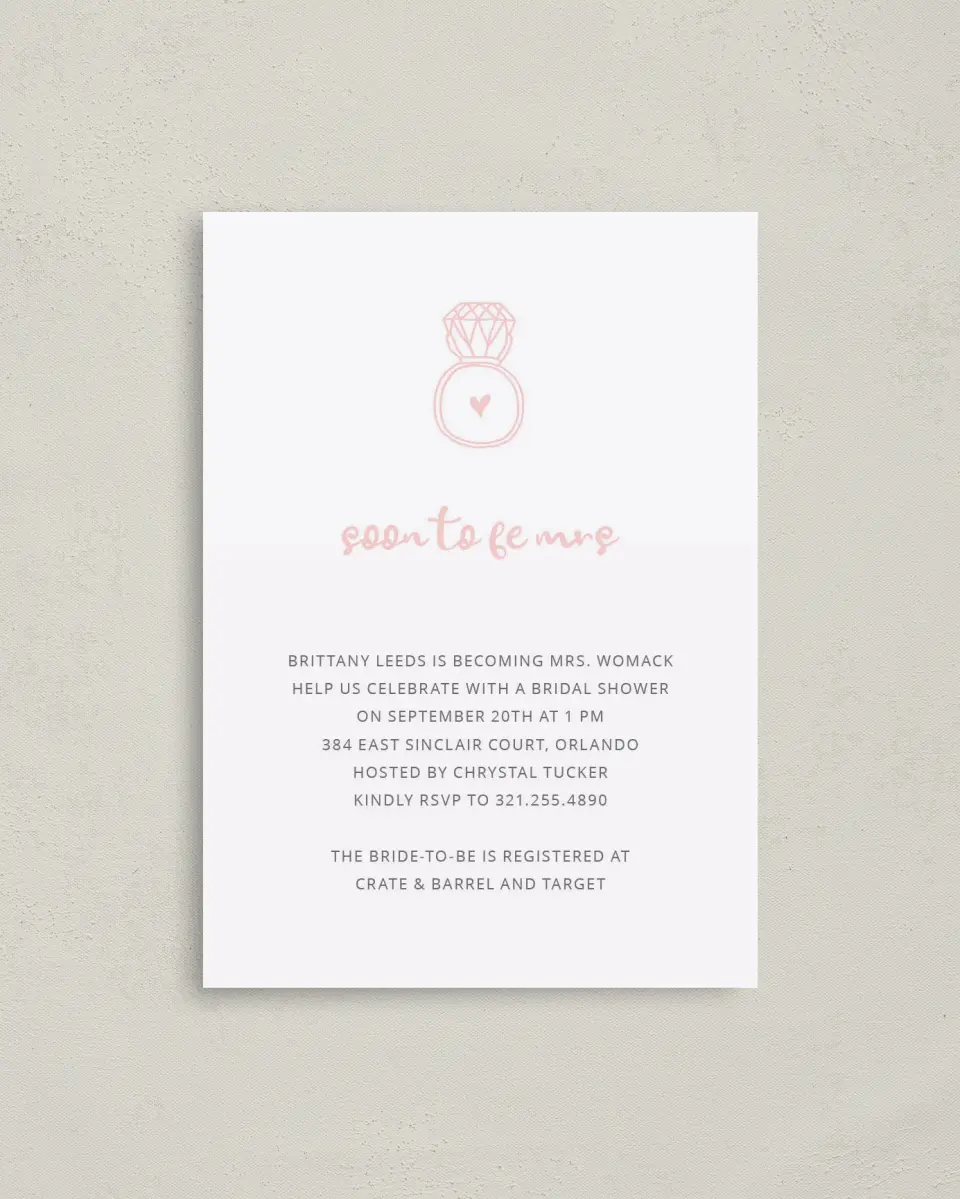 This is a 4" x 5.6" Bridal Shower Invitation Postcard called Ringing Heart printed in full color on Soft Touch Finish paper