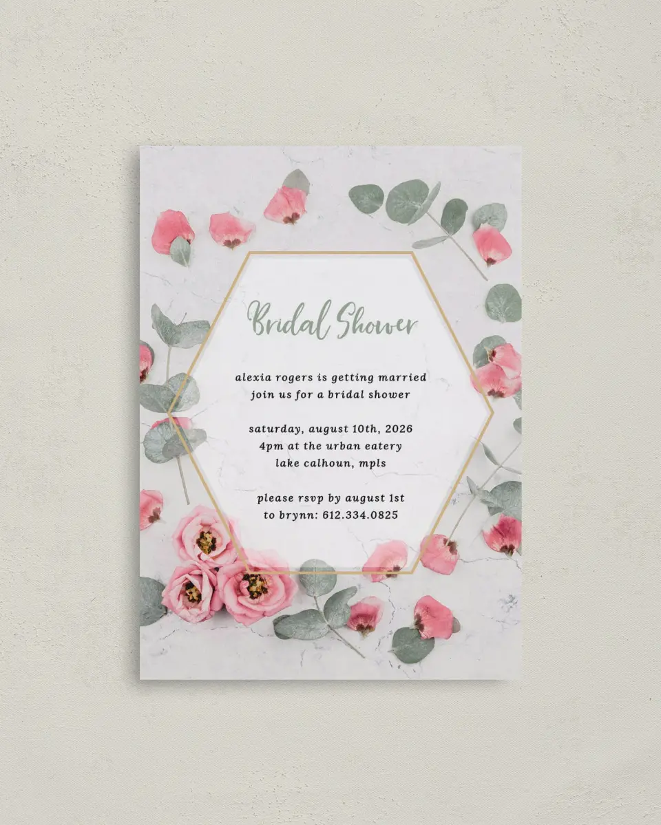 This is a 4" x 5.6" Bridal Shower Invitation Postcard called Bridal Bliss printed in full color with Gold foil on Soft Touch Finish paper