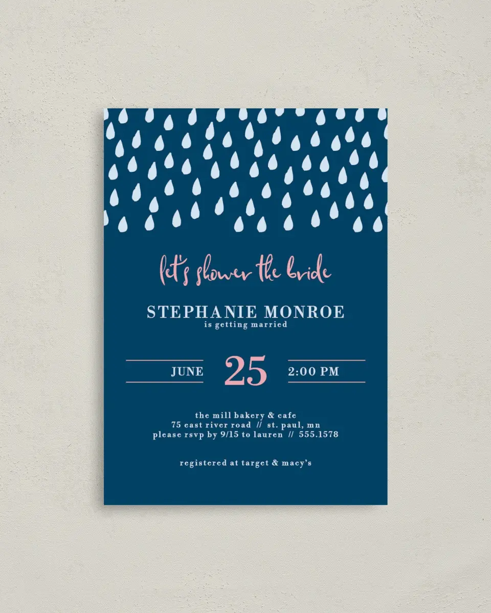 This is a 4" x 5.6" Bridal Shower Invitation Postcard called Showered in Style printed in full color on Soft Touch Finish paper