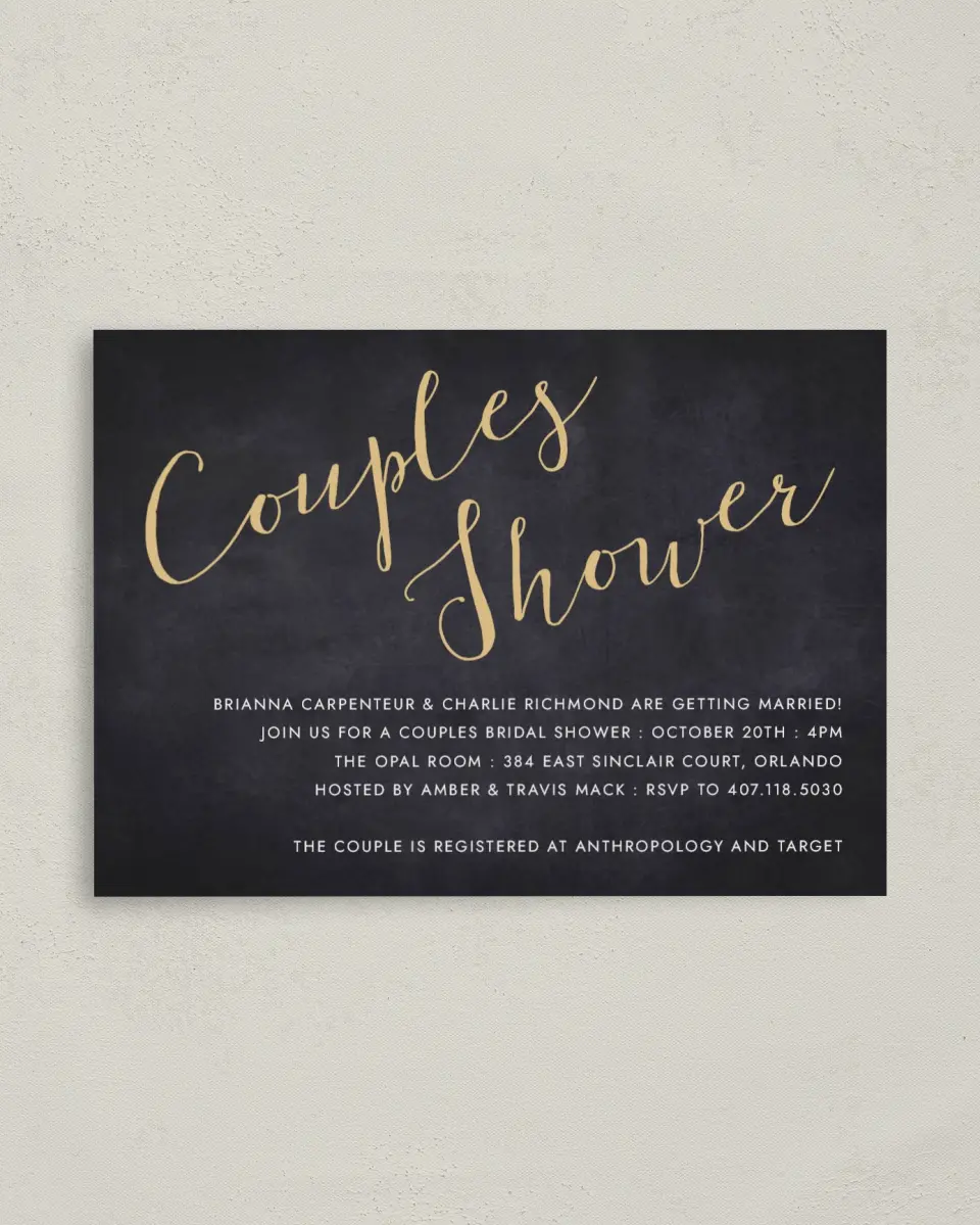 This is a 4" x 5.6" Bridal Shower Invitation Postcard called Couple of the Hour printed in full color on Soft Touch Finish paper
