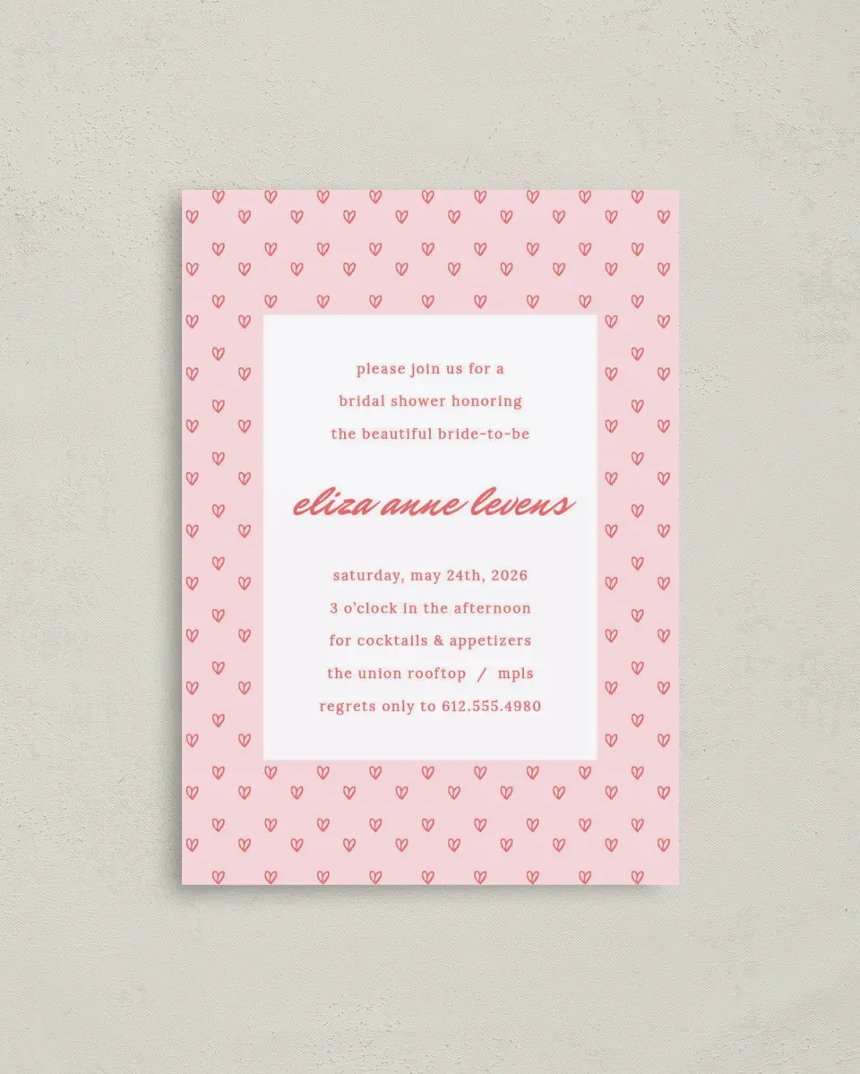This is a 4" x 5.6" Bridal Shower Invitation Postcard called Hearts Aplenty printed in full color with Gold foil on Soft Touch Finish paper