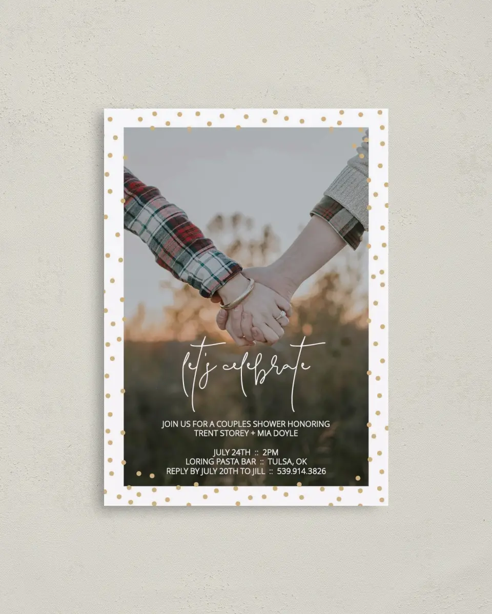 This is a 4" x 5.6" Bridal Shower Invitation Postcard called Dipped Dots printed in full color on Soft Touch Finish paper