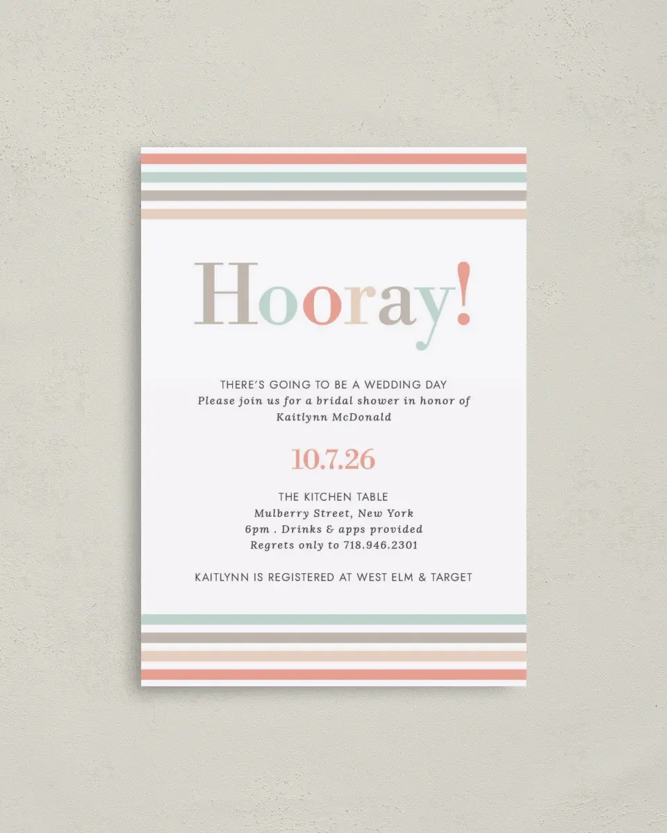 This is a 4" x 5.6" Bridal Shower Invitation Postcard called Stripey Delight printed in full color with Silver foil on Soft Touch Finish paper
