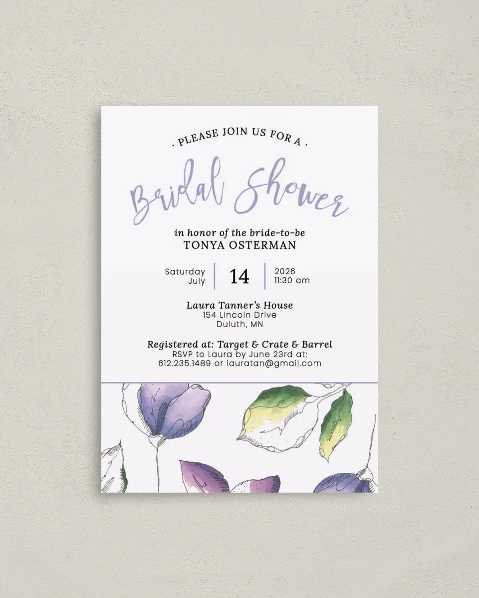 This is a 4" x 5.6" Bridal Shower Invitation Postcard called Shower Flowers printed in full color on Soft Touch Finish paper