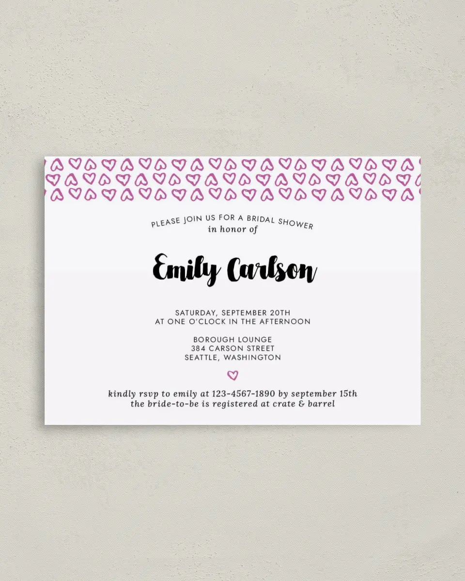 This is a 4" x 5.6" Bridal Shower Invitation Postcard called Whimsy Hearts printed in full color on Soft Touch Finish paper