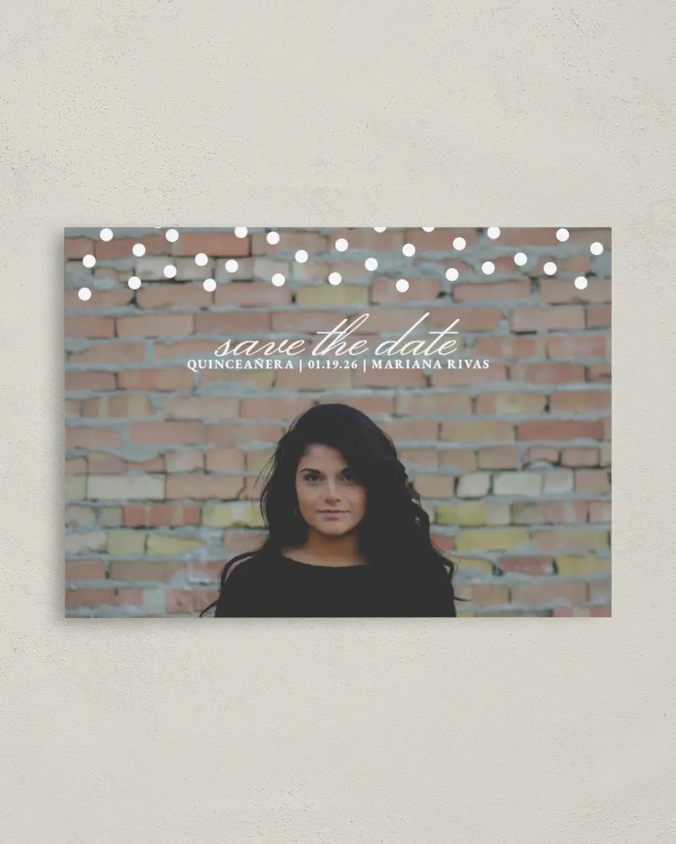 This is a 4" x 5.6" Quinceanera Save the Date called Dramatic Debut printed in full color with Gold foil on Soft Touch Finish paper