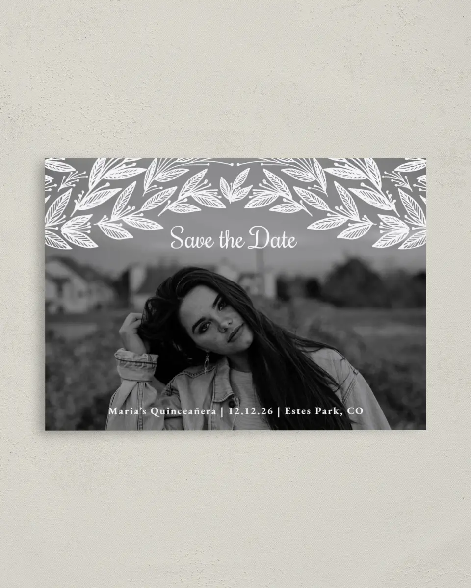 This is a 4" x 5.6" Quinceanera Save the Date called Splash of Sprigs printed in full color with Gold foil on Soft Touch Finish paper