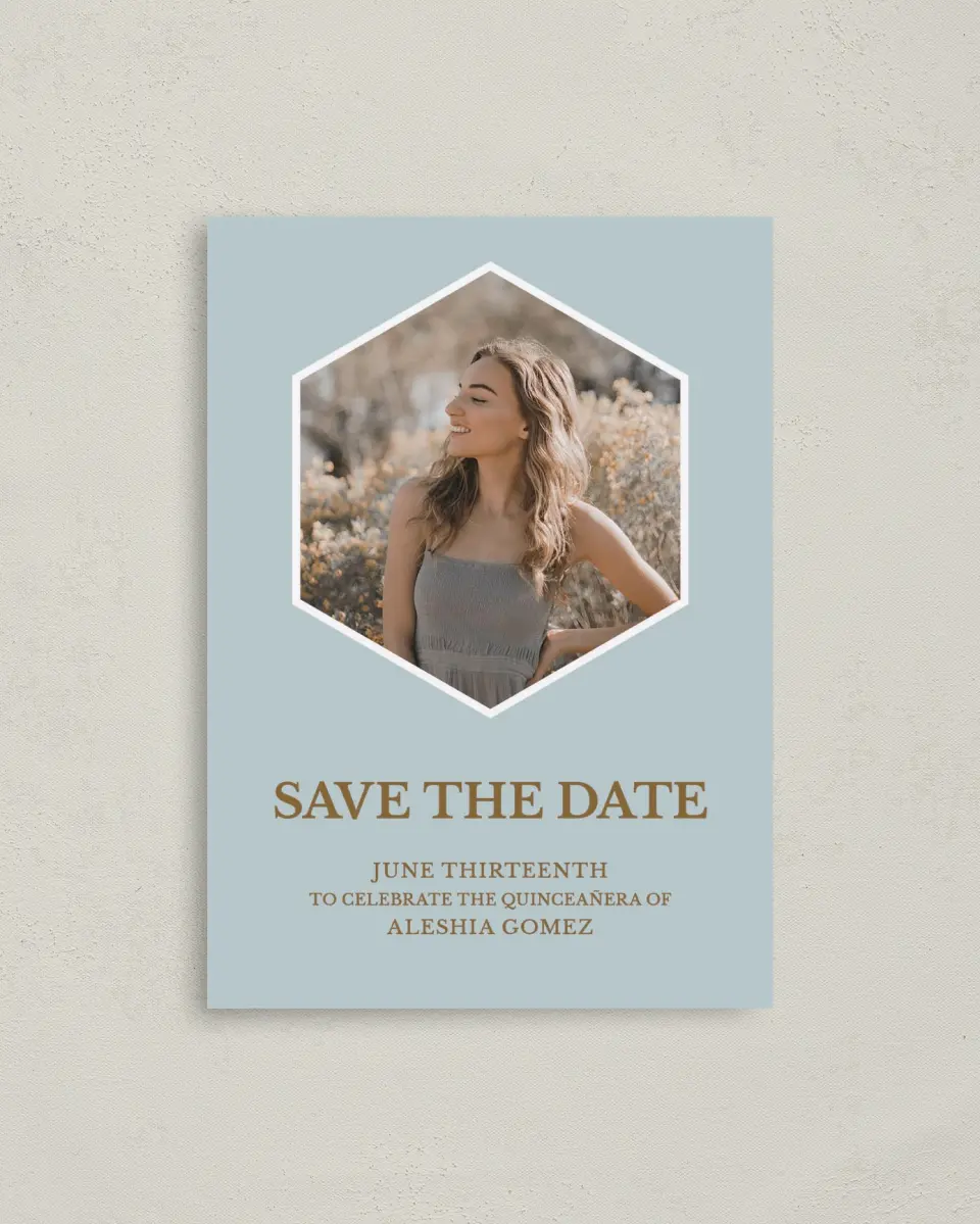 This is a 4" x 5.6" Quinceanera Save the Date called Swashed Sophisticate printed in full color with Gold foil on Soft Touch Finish paper