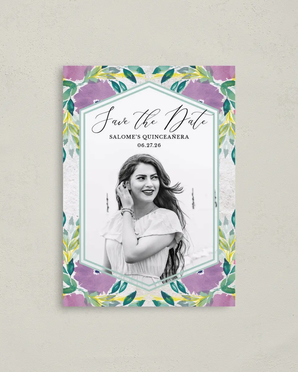 This is a 4" x 5.6" Quinceanera Save the Date called Watercolor Wow printed in full color with Gold foil on Soft Touch Finish paper