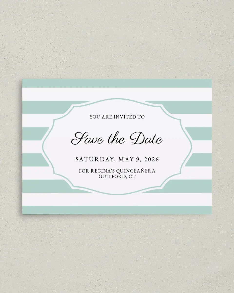 This is a 4" x 5.6" Quinceanera Save the Date called Stripe Devotion printed in full color with Gold foil on Soft Touch Finish paper