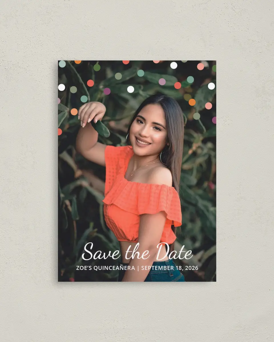 This is a 4" x 5.6" Quinceanera Save the Date called Radiant Dots printed in full color with Gold foil on Soft Touch Finish paper