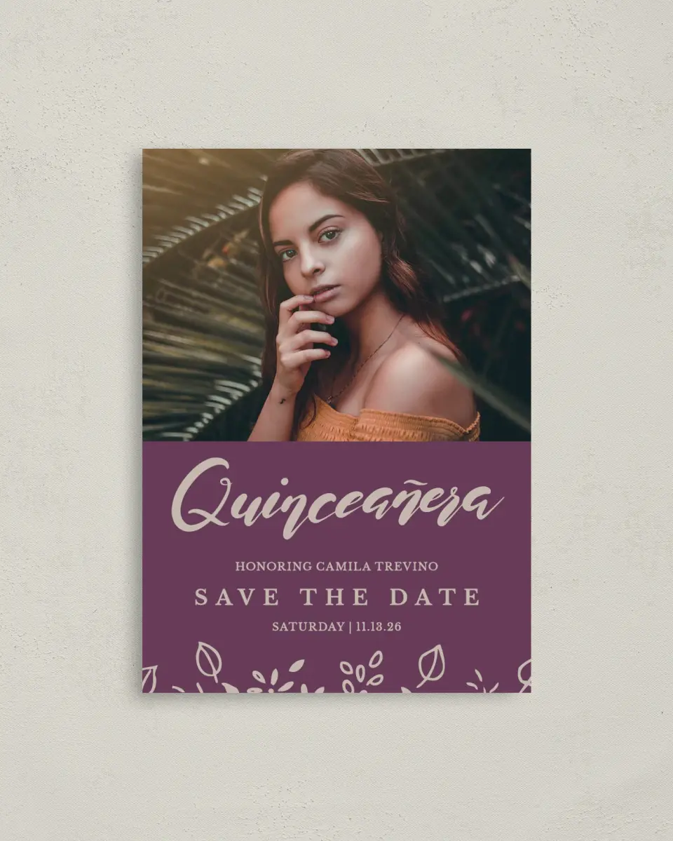 This is a 4" x 5.6" Quinceanera Save the Date called Flora Flourish printed in full color with Gold foil on Soft Touch Finish paper