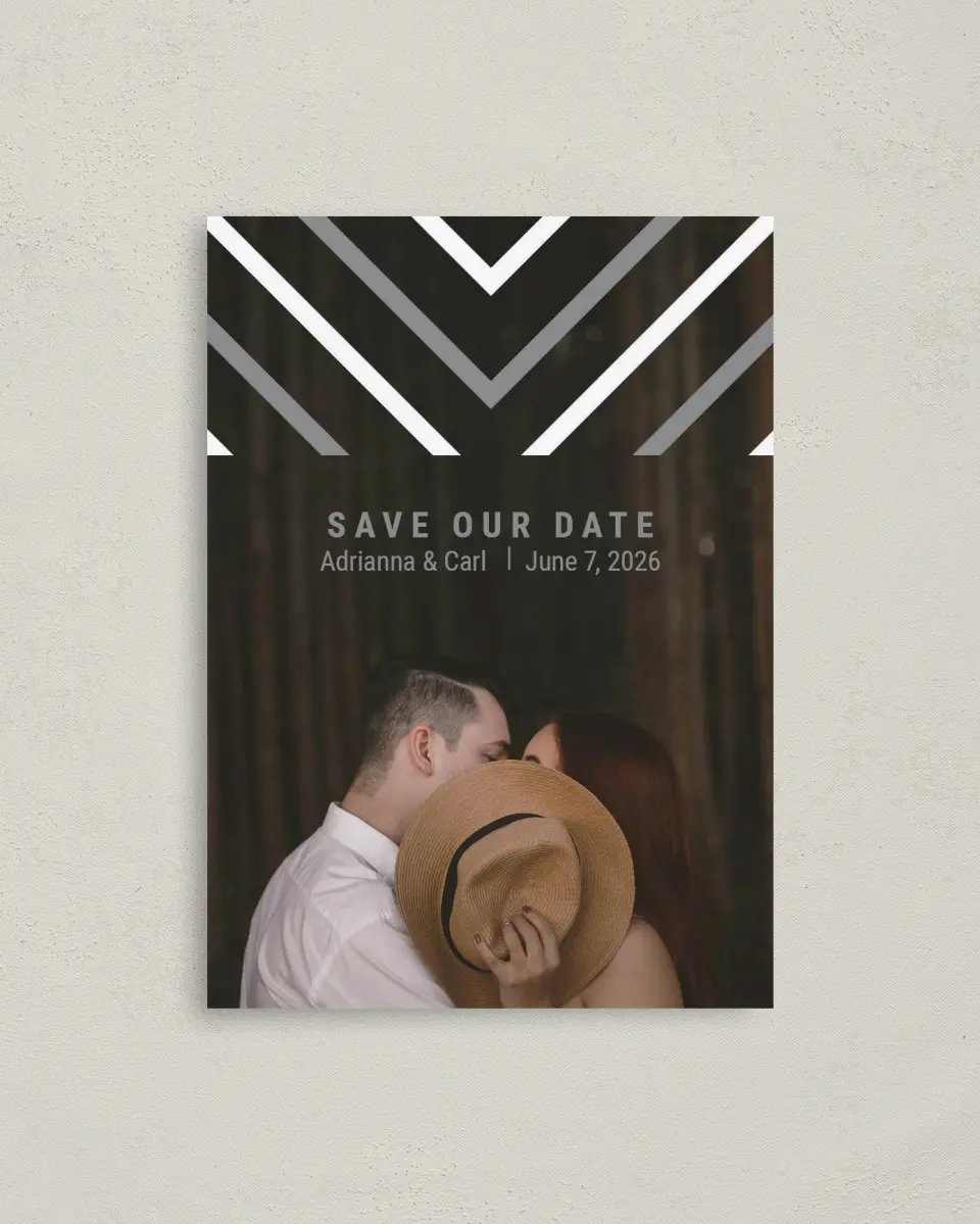 This is a 4" x 5.6" Save the Date Postcard called Posh Chevron printed in full color with Rose Gold foil on Soft Touch Finish paper