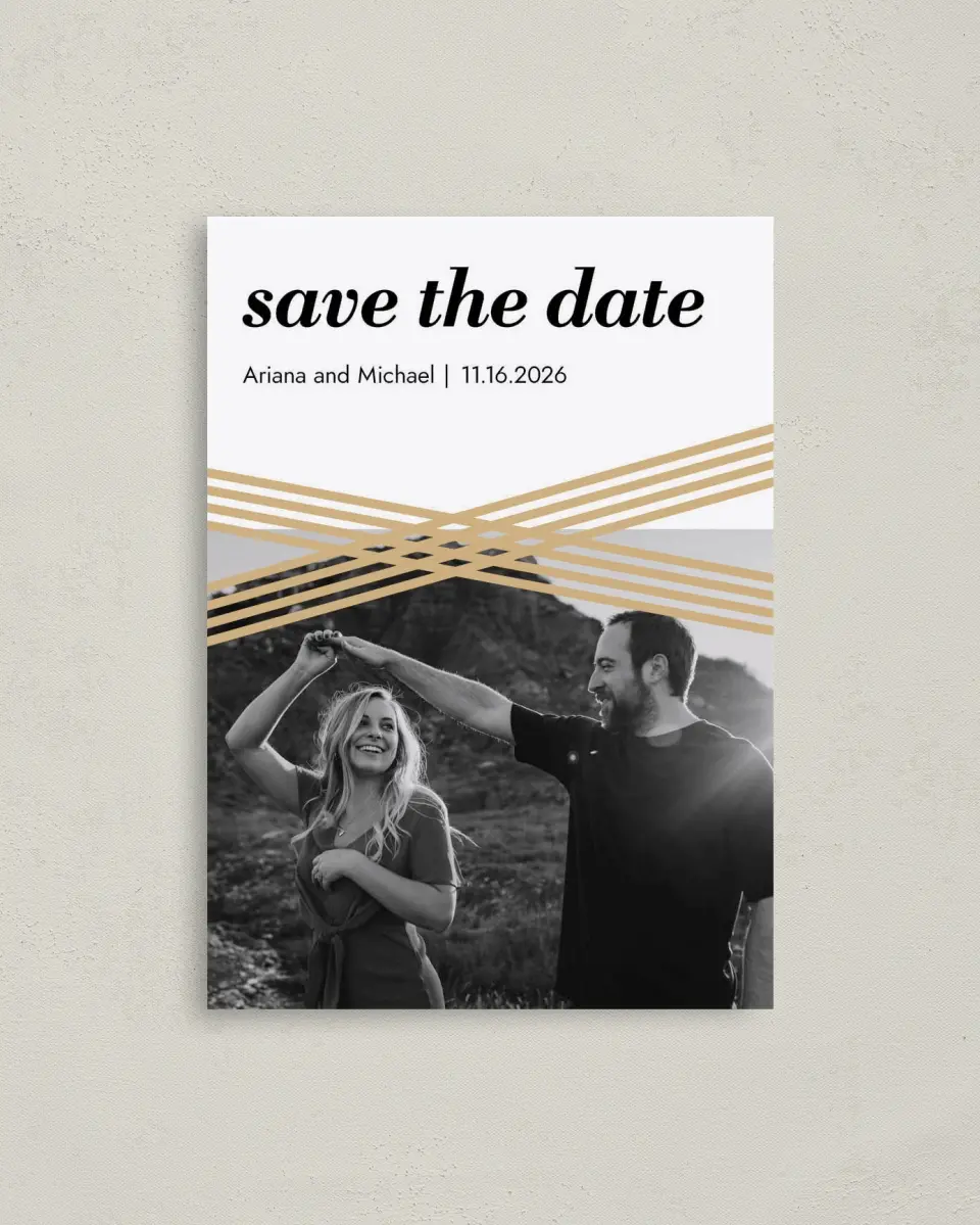 This is a 4" x 5.6" Save the Date Postcard called Forever Gilded printed in full color on Soft Touch Finish paper
