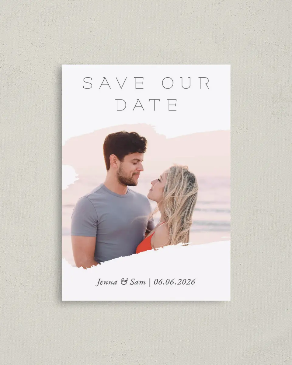 This is a 4" x 5.6" Save the Date Postcard called Bold Brushstrokes printed in full color on Soft Touch Finish paper
