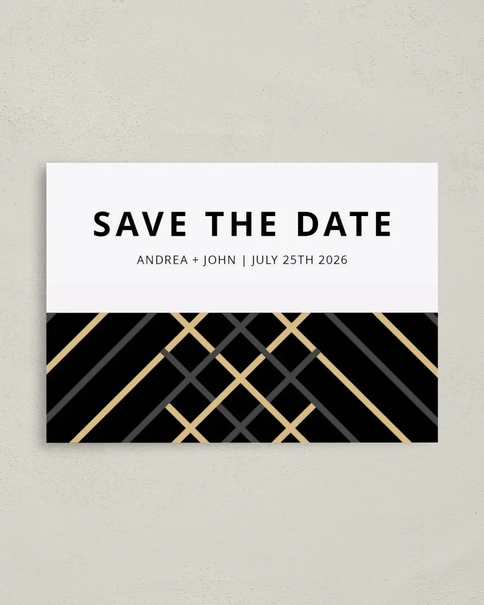 This is a 4" x 5.6" Save the Date Postcard called Grandeur Shine printed in full color on Soft Touch Finish paper