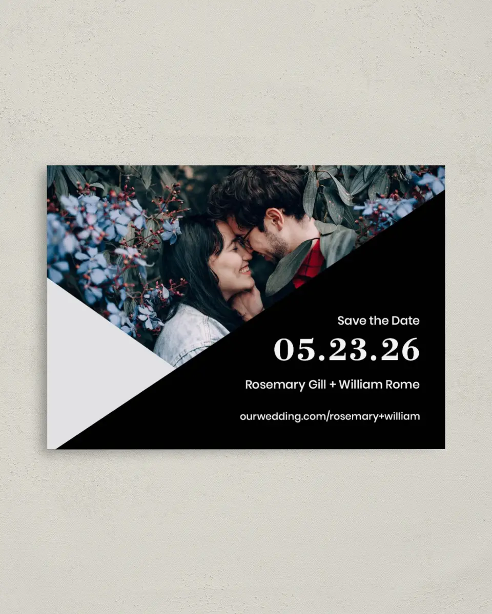 This is a 4" x 5.6" Save the Date Postcard called Luster Opulence printed in full color on Soft Touch Finish paper