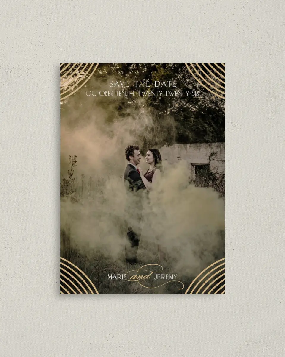 This is a 4" x 5.6" Save the Date Postcard called Spectacular Romance printed in full color on Soft Touch Finish paper