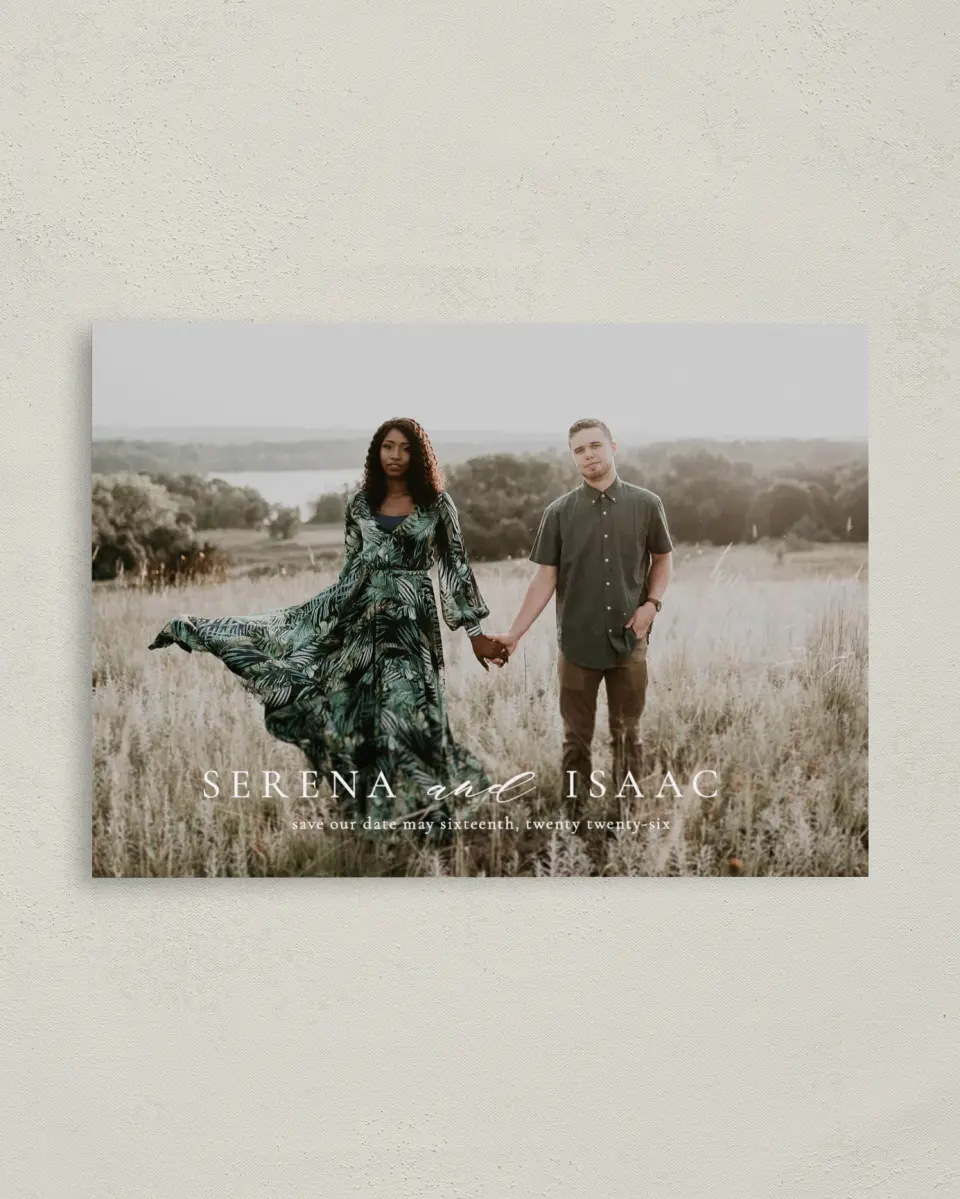 This is a 4" x 5.6" Save the Date Postcard called Antique Splendor printed in full color on Soft Touch Finish paper