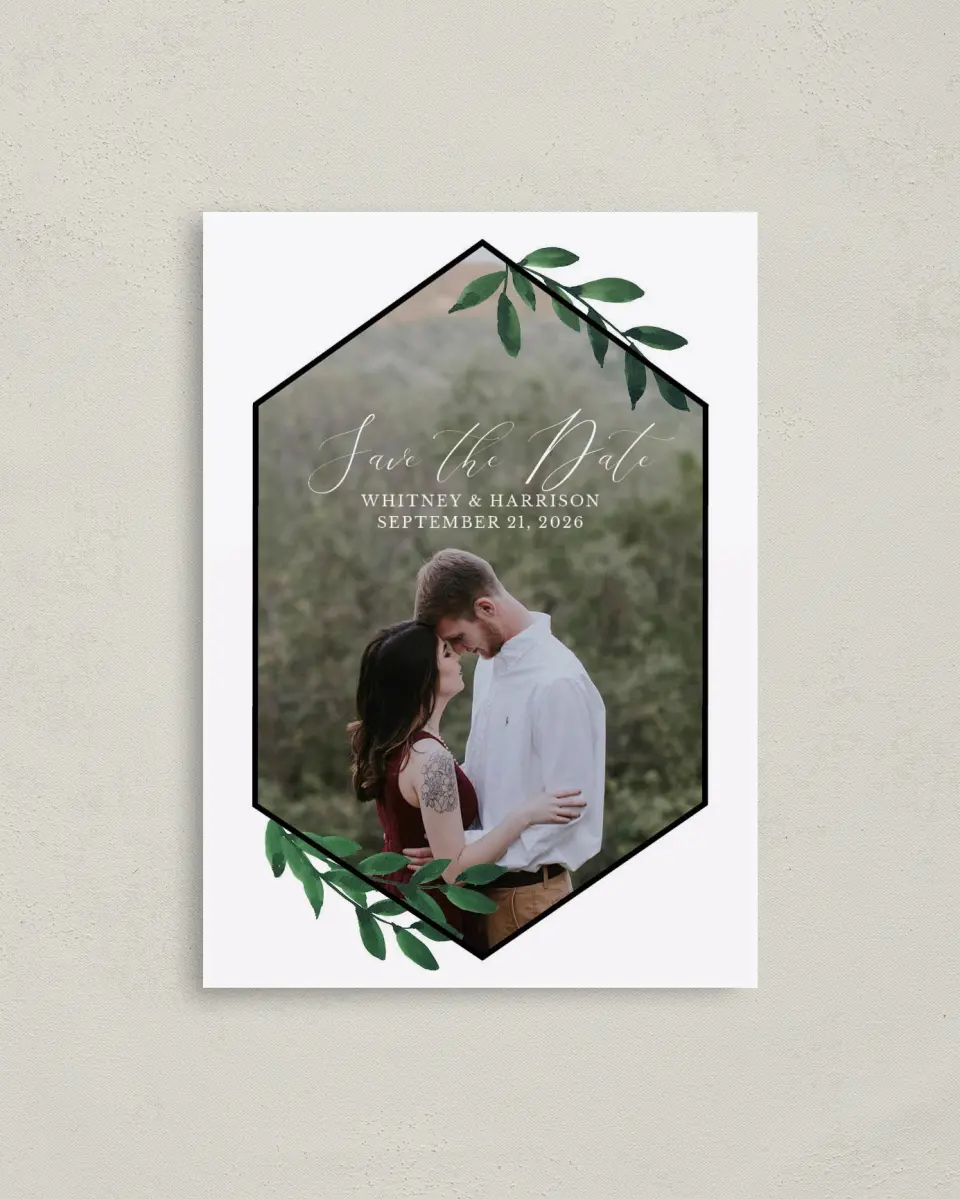 This is a 4" x 5.6" Save the Date Postcard called Wispy Greenery printed in full color on Soft Touch Finish paper