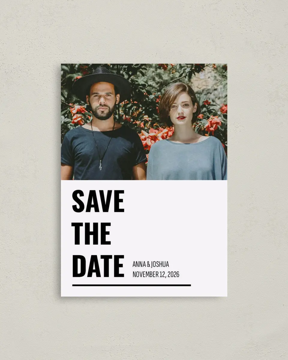 This is a 4" x 5.6" Save the Date Postcard called Stunning Symmetry printed in full color on Soft Touch Finish paper