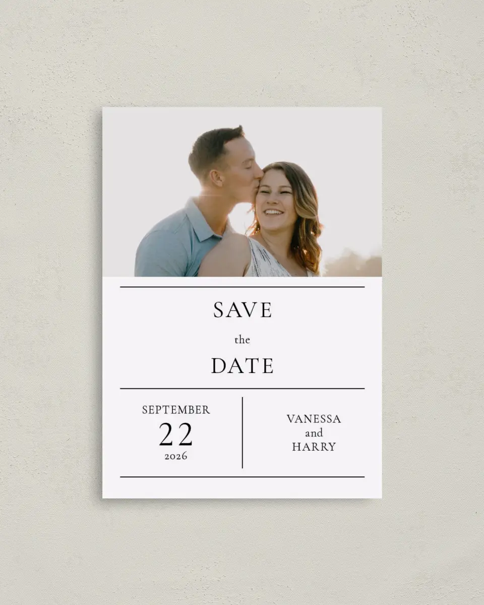 This is a 4" x 5.6" Save the Date Postcard called Lovely Blush printed in full color on Soft Touch Finish paper