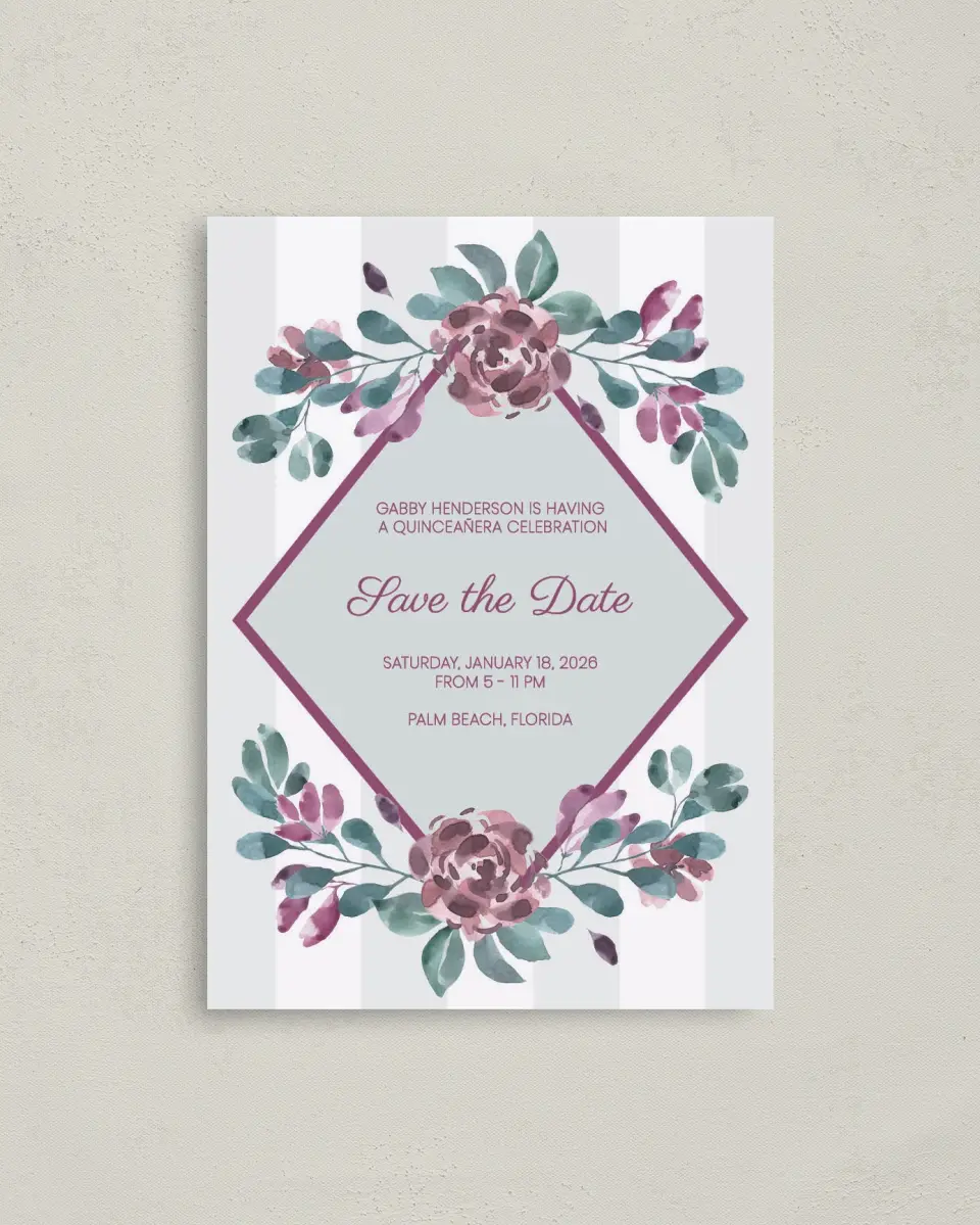 This is a 4" x 5.6" Quinceanera Save the Date called Ethereal Floret printed in full color with Gold foil on Soft Touch Finish paper