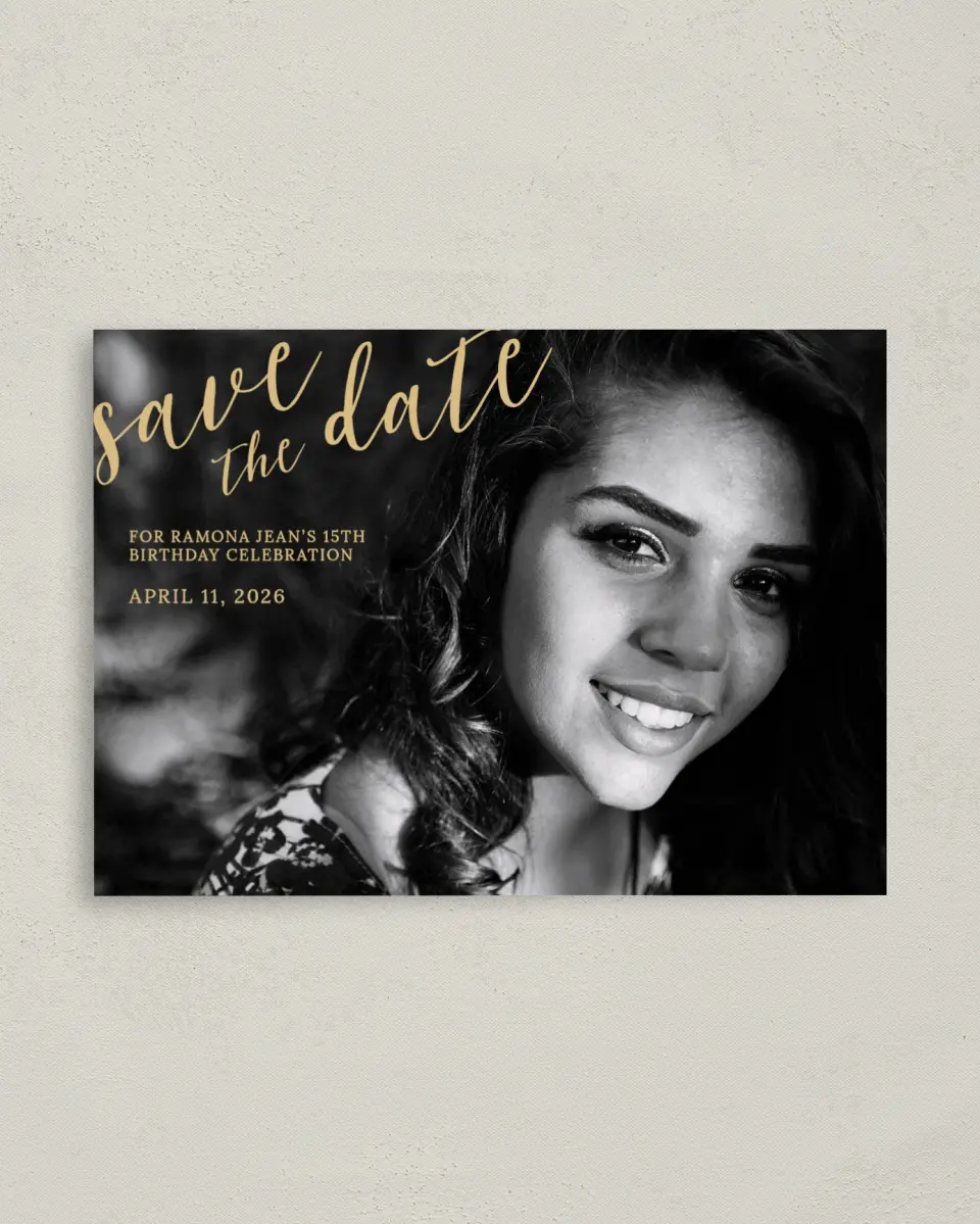 This is a 4" x 5.6" Quinceanera Save the Date called Then & Now printed in full color with Gold foil on Soft Touch Finish paper