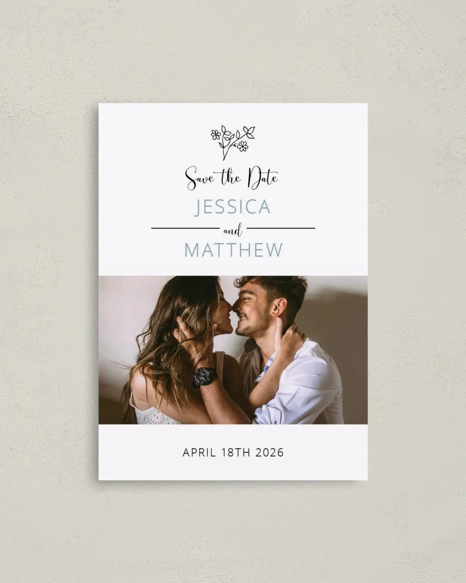This is a 4" x 5.6" Save the Date Postcard called Cool Blooms printed in full color on Soft Touch Finish paper