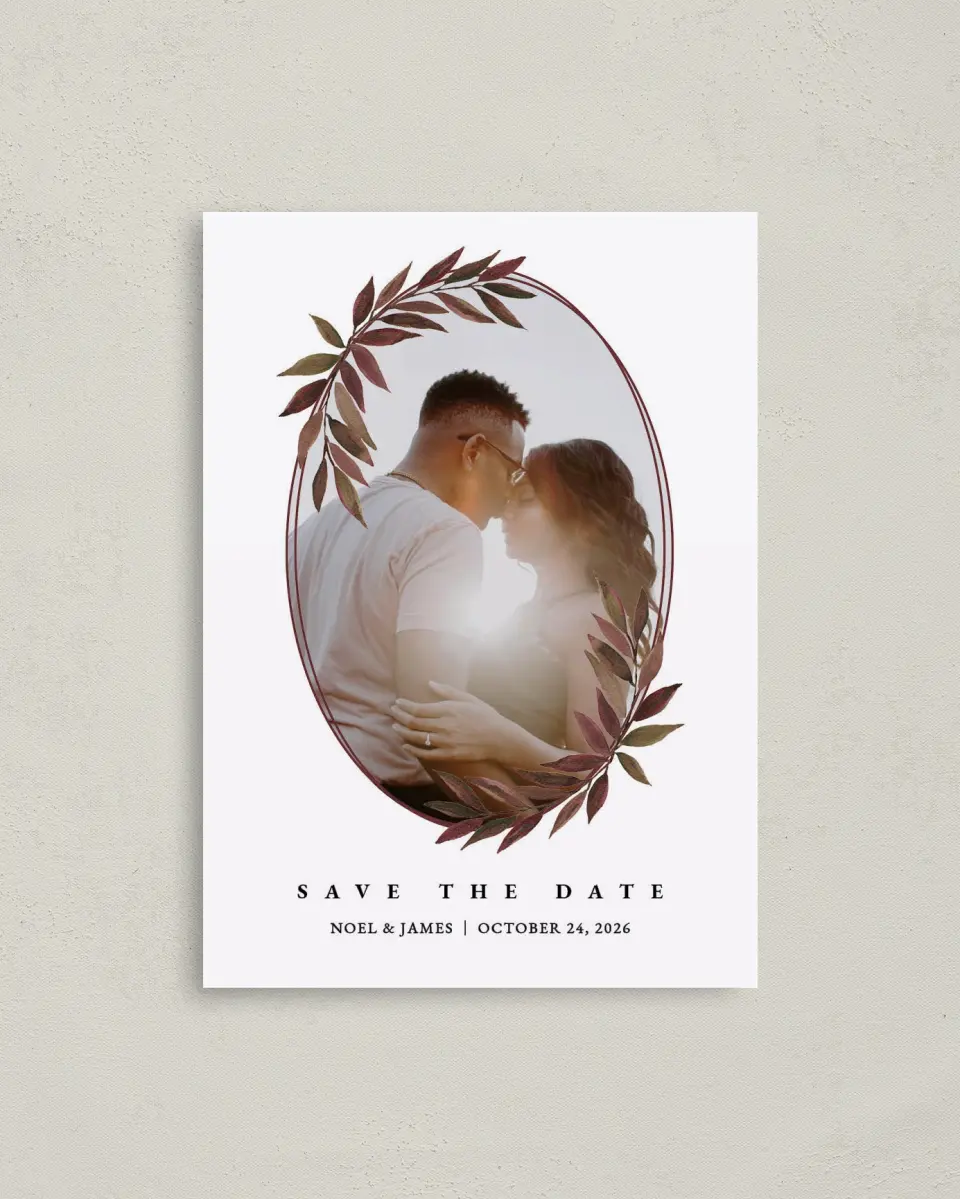 This is a 4" x 5.6" Save the Date Postcard called Lavish Leaves printed in full color on Soft Touch Finish paper