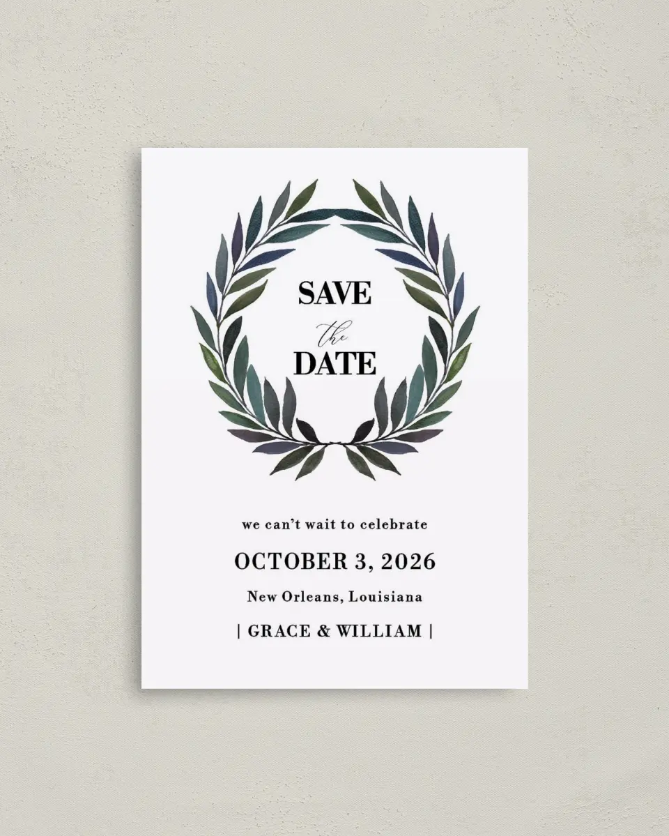 This is a 4" x 5.6" Save the Date Postcard called Laurel Crown printed in full color on Soft Touch Finish paper